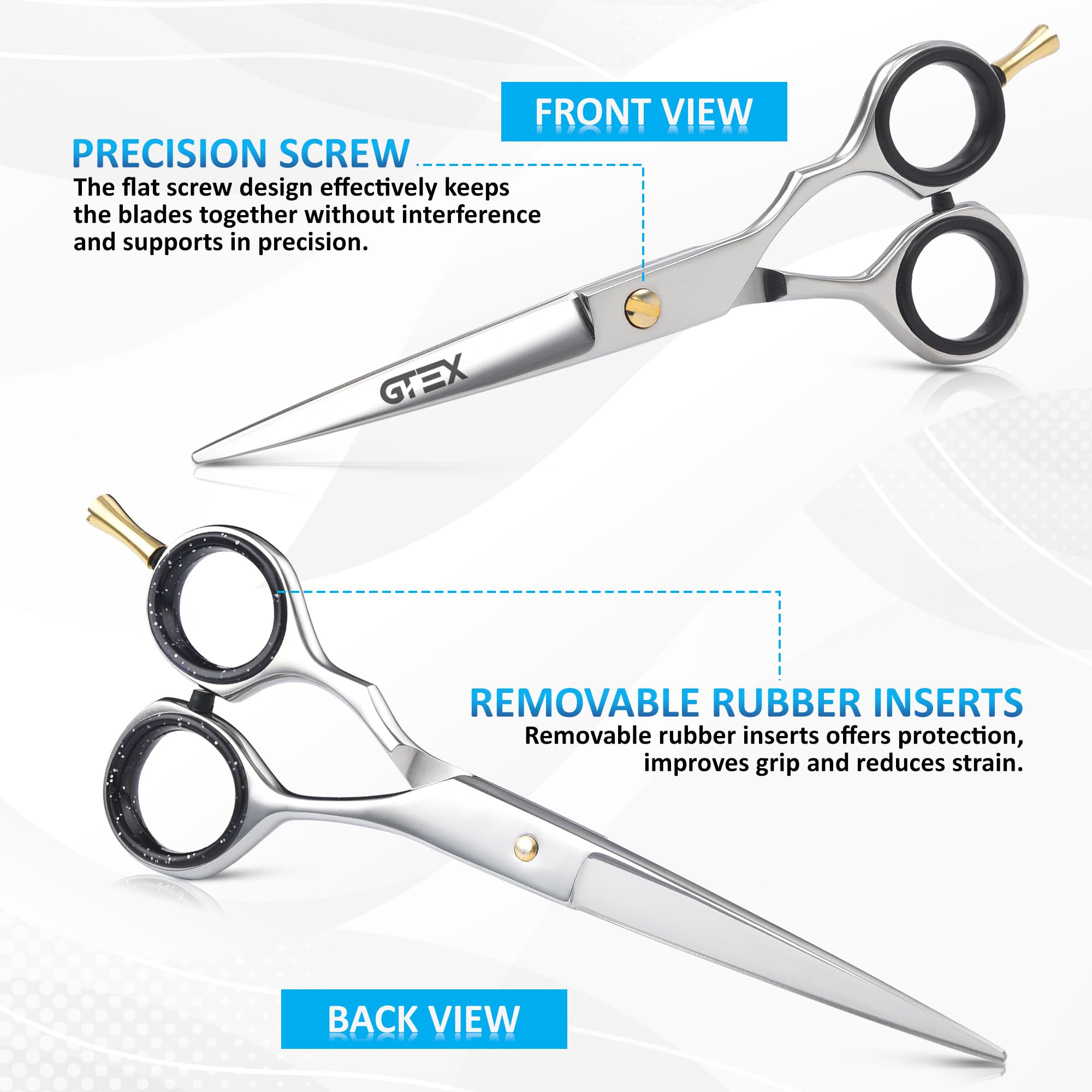 Premium GTEX 6.5 inch salon scissors displayed next to the black hairdressing comb tool.
