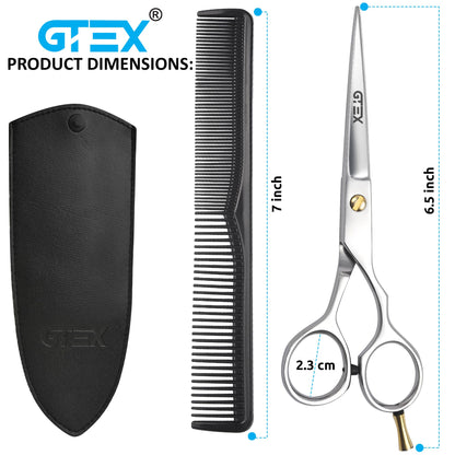 Complete GTEX grooming set including premium scissors, styling comb, and faux leather bag.