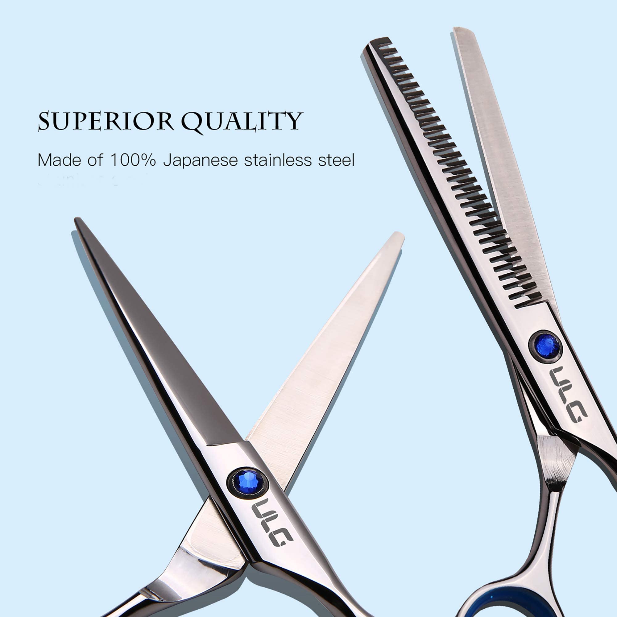 ULG hairdressing scissor set showing tension screw adjustment ring
