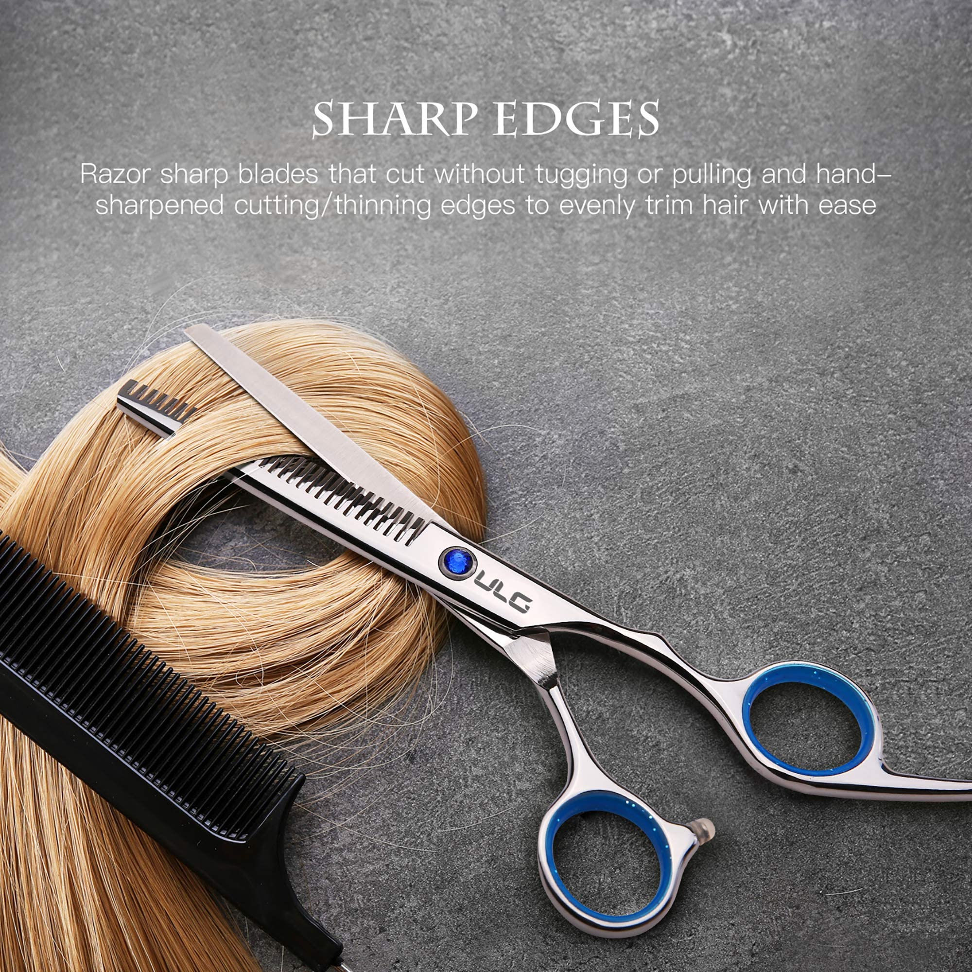 Barber using ULG razor edge scissors for professional hair trimming