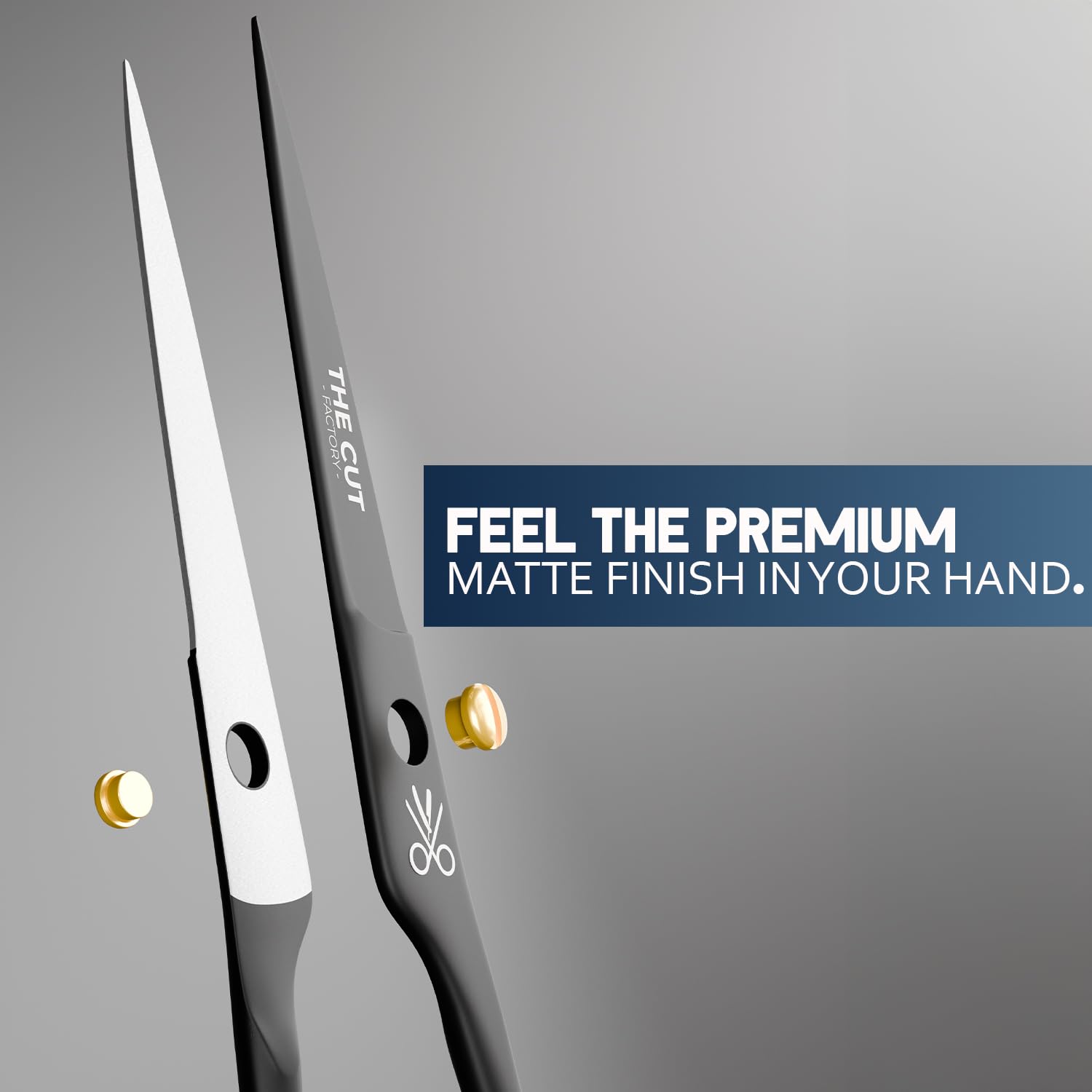 Ergonomic handle and removable finger rings on matte black salon scissors