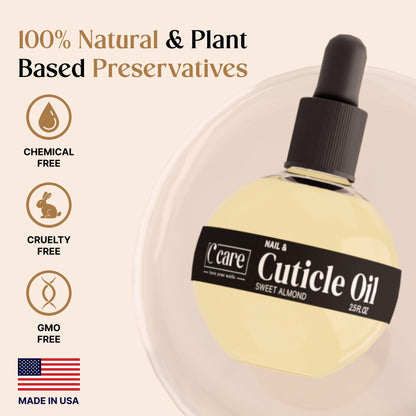 C Care Sweet Almond Oil bottle next to nail care tools