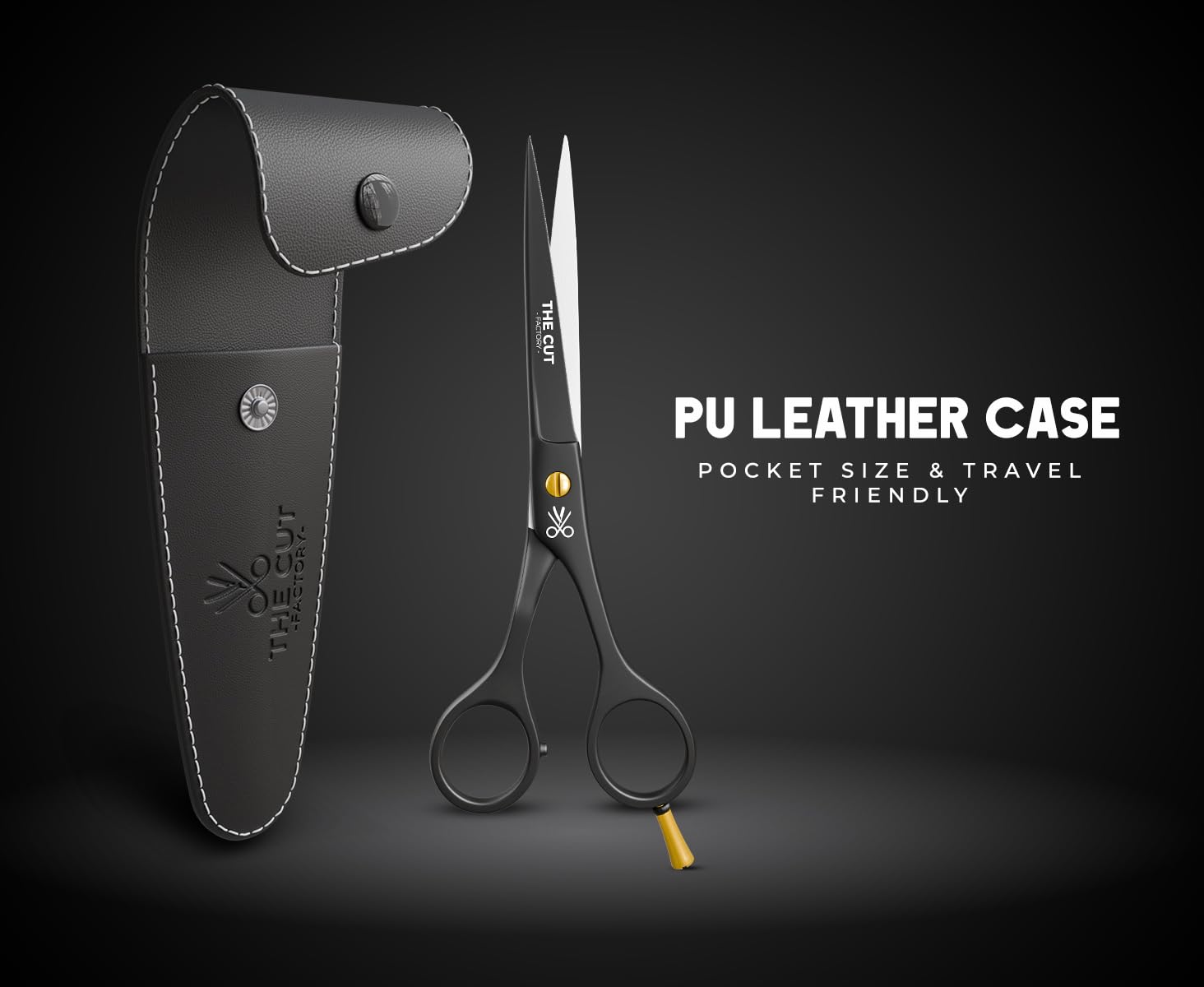 The Cut Factory 420 stainless steel scissors being used for a clean hair trim