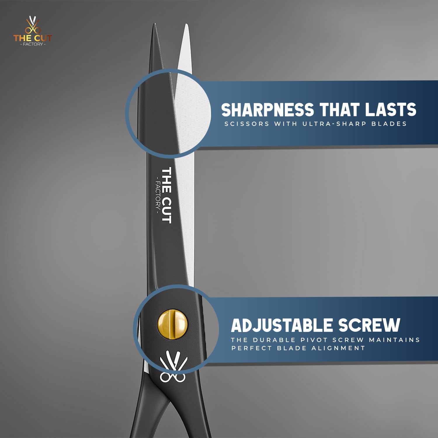 Premium matte black grooming shears showcasing the adjustable tension screw