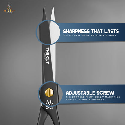 Premium matte black grooming shears showcasing the adjustable tension screw