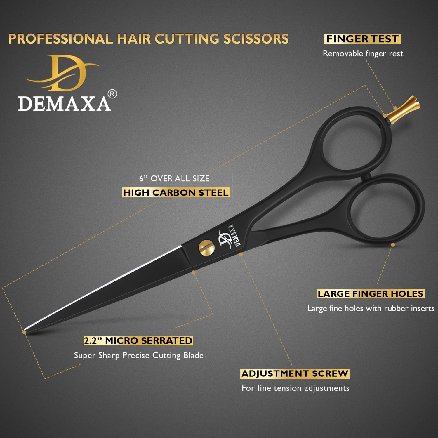 Premium high carbon stainless steel barber shears shown next to the included protective leather pouch.