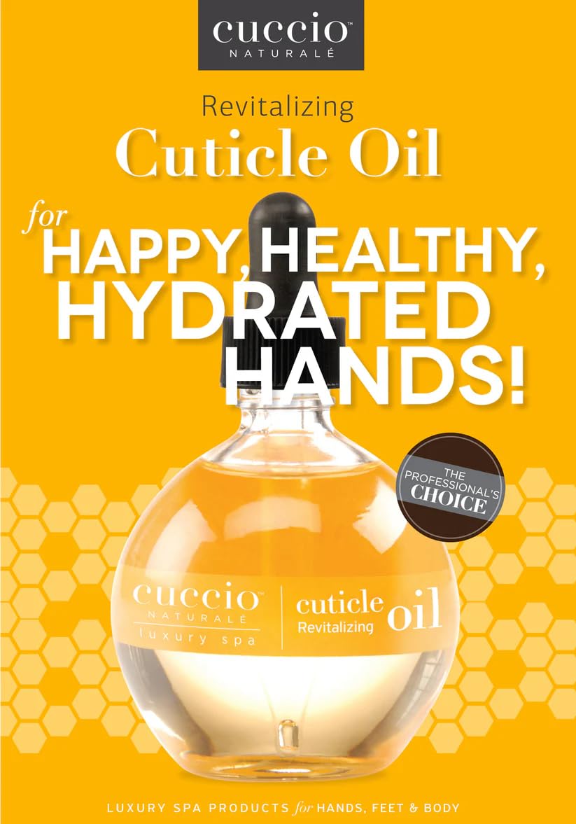 Close up of Cuccio cuticle oil branding and 2.5 fluid ounce bottle