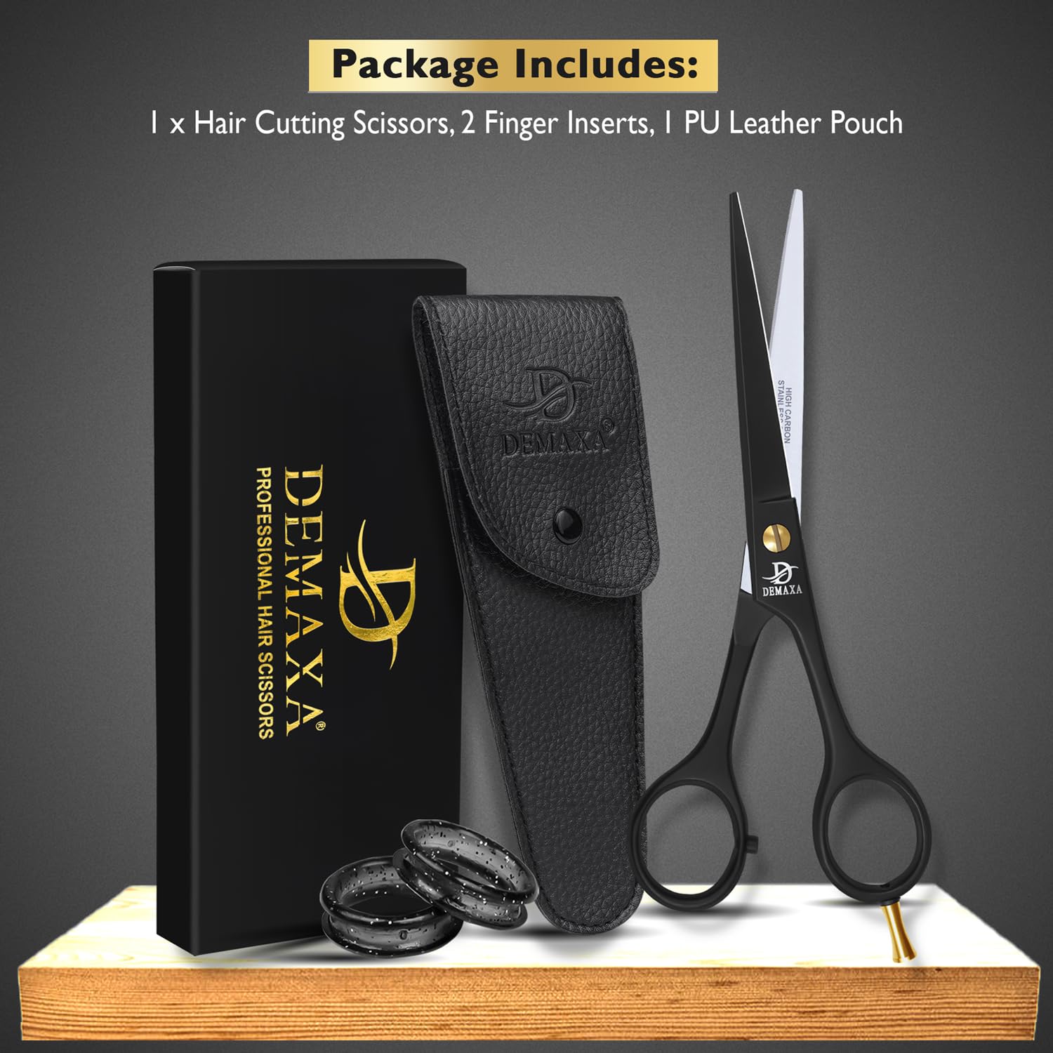 Side view of the ergonomic handle layout on the professional salon shears for comfortable grip.