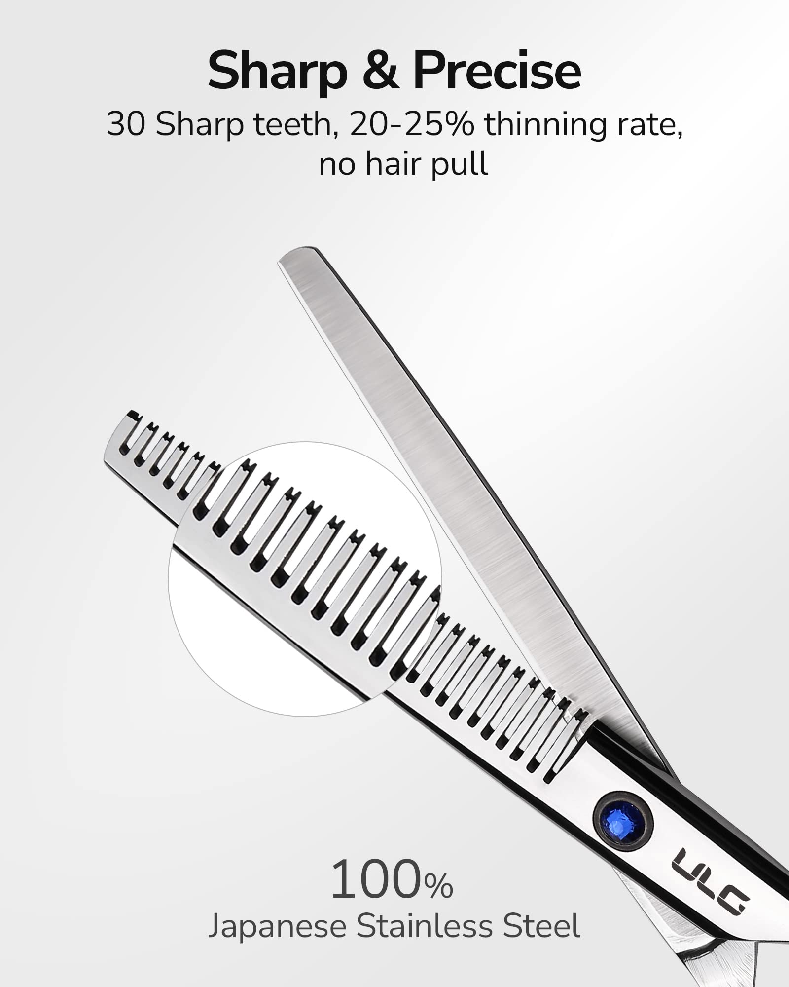 ULG 6.5 inch hairdressing shears with blue diamond accent joint stone close up