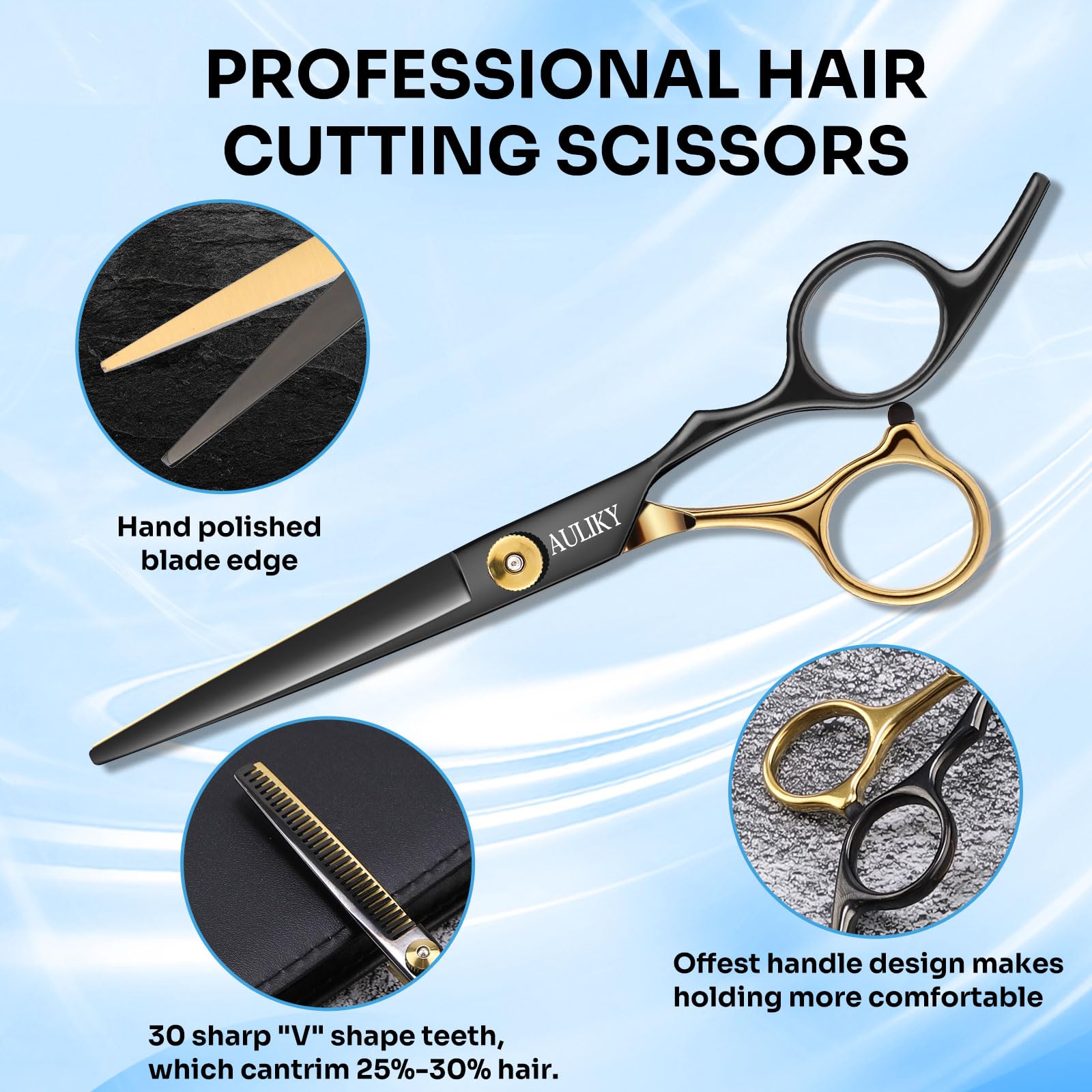Stainless steel cutting shears and texturizing thinning scissors arranged on a flat surface