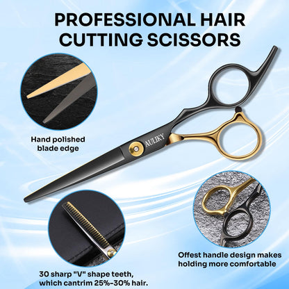 Stainless steel cutting shears and texturizing thinning scissors arranged on a flat surface