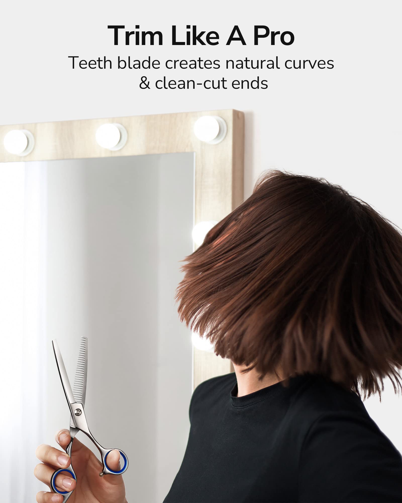 Professional hair thinning tool showing mirror polish finish blades