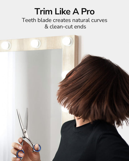 Professional hair thinning tool showing mirror polish finish blades