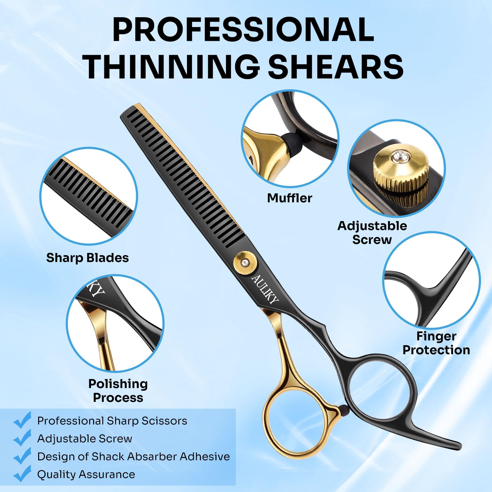 Close up view of the sharp stainless steel blades of the AULikY hairdressing scissors