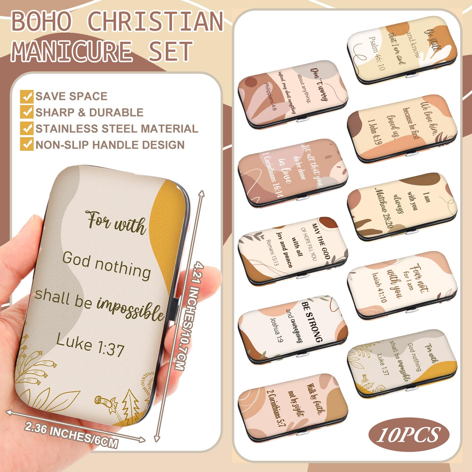 Close up of Bible verse printed on manicure case exterior