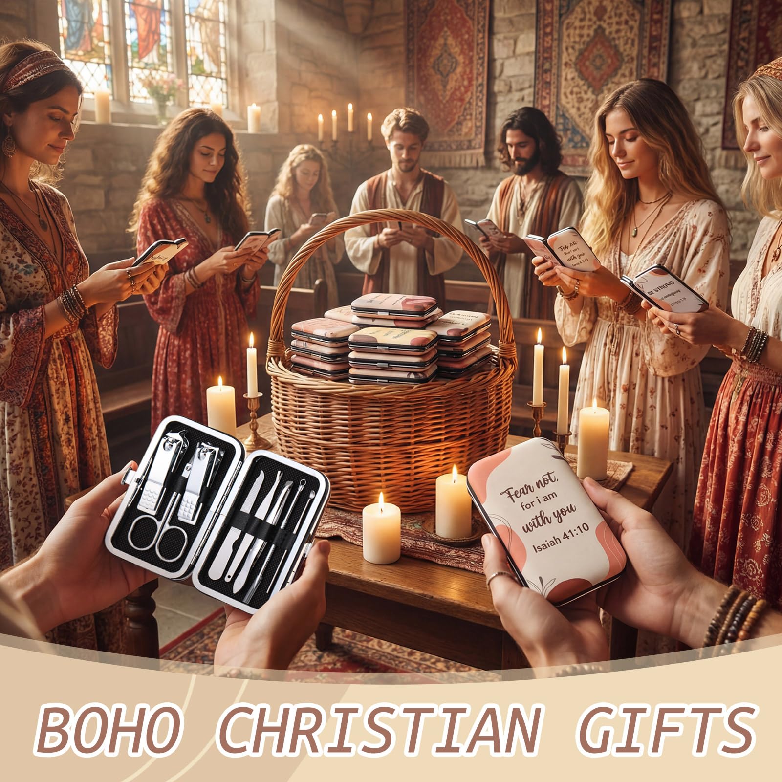 Ten individual Christian gift sets arranged for display