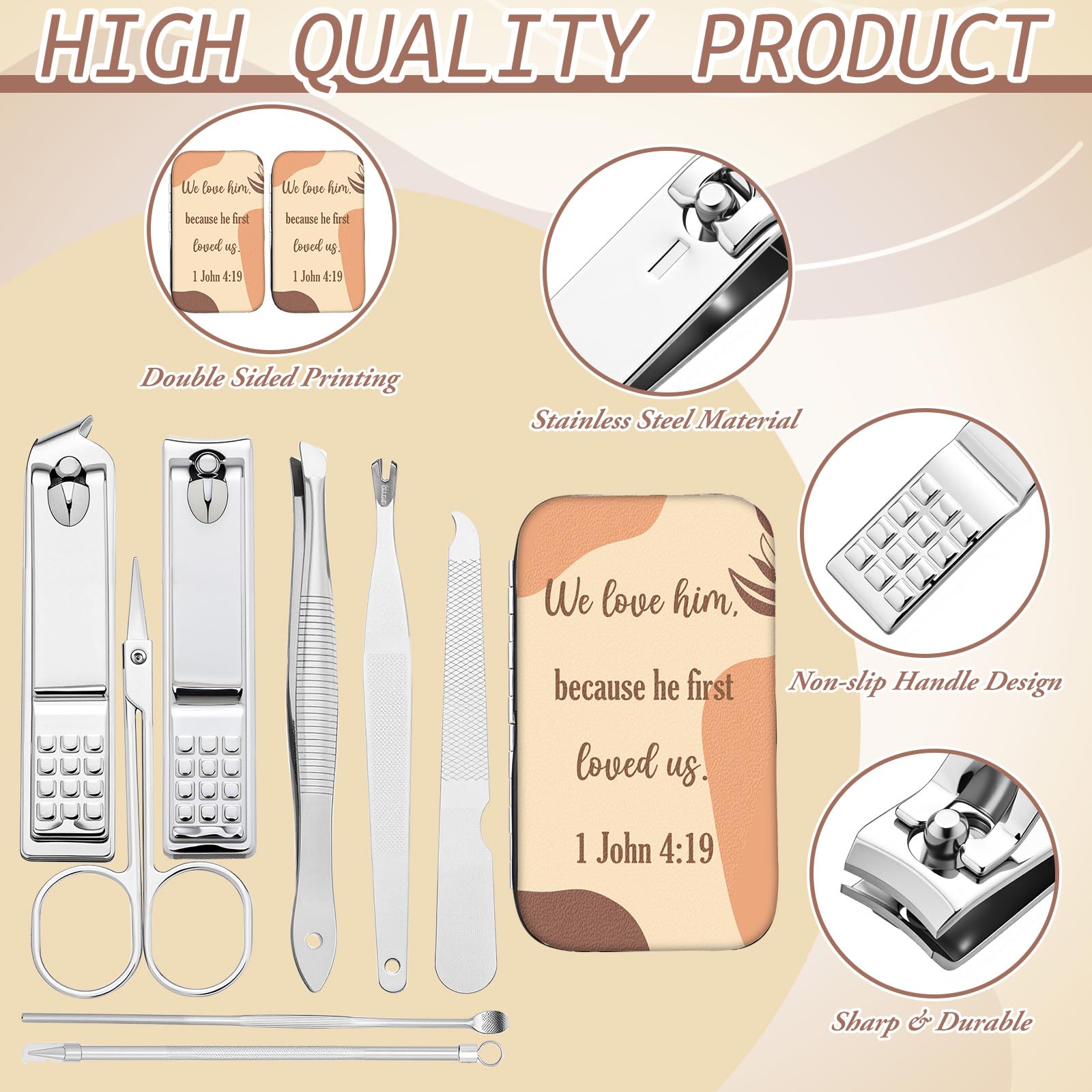 Interior view of stainless steel manicure tools in travel case