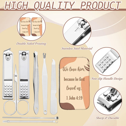 Interior view of stainless steel manicure tools in travel case
