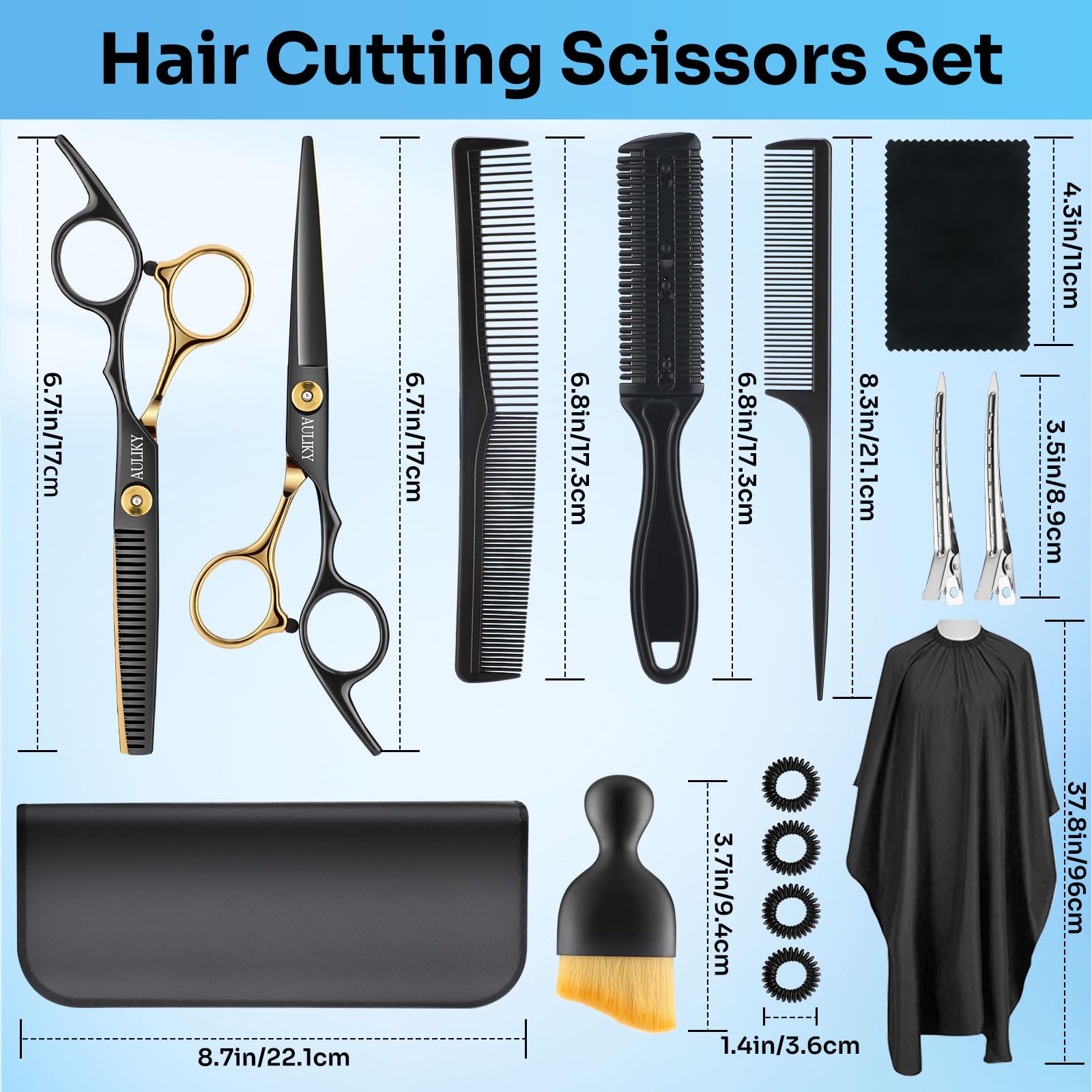 Premium leather storage bag packed with fifteen pieces of salon grade hair cutting tools