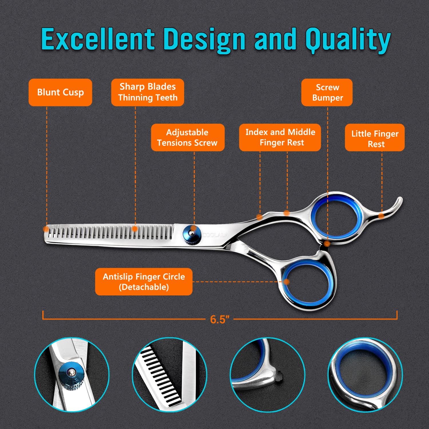 Japanese stainless steel hair thinning scissors with adjustable tension screw close up.