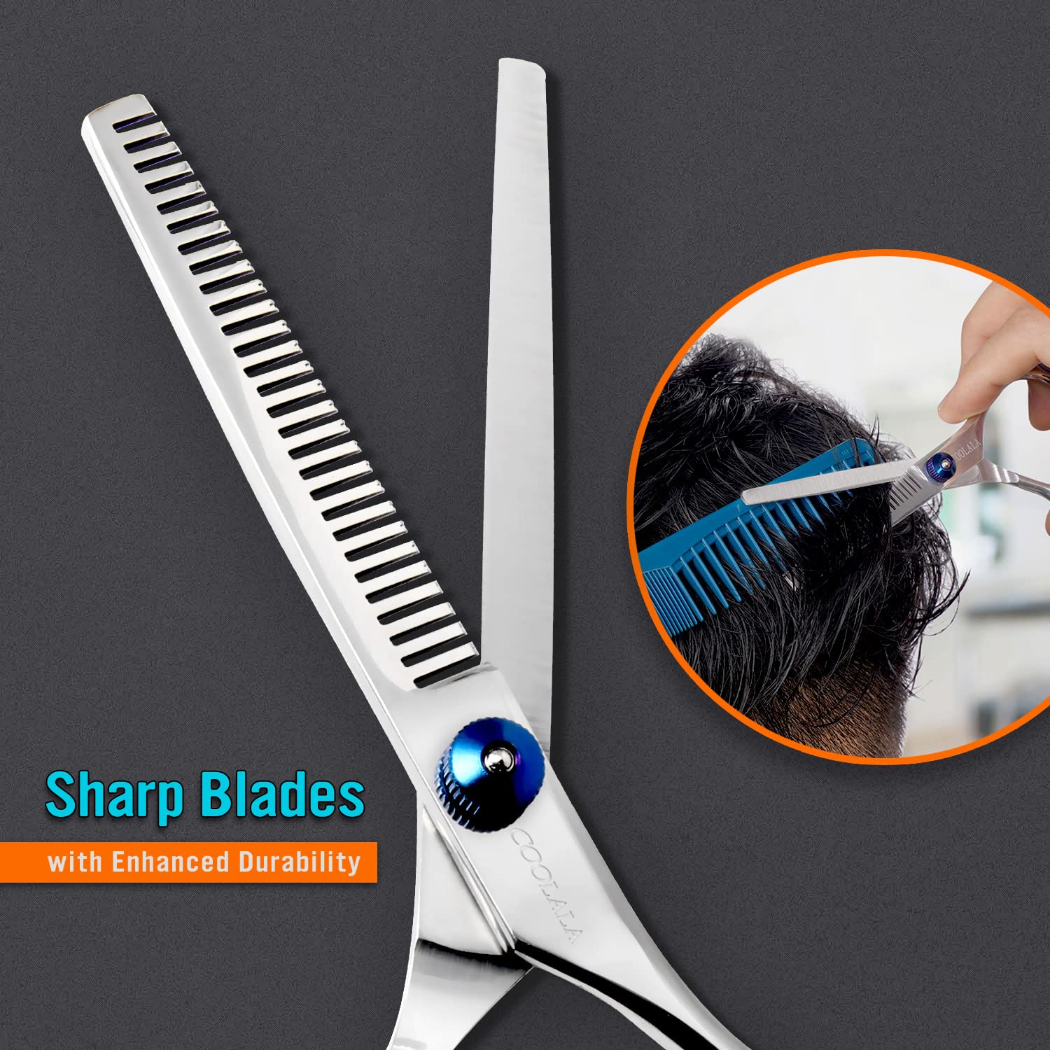Coolala hair texturizing shears alongside the included grooming comb and cleaning cloth.