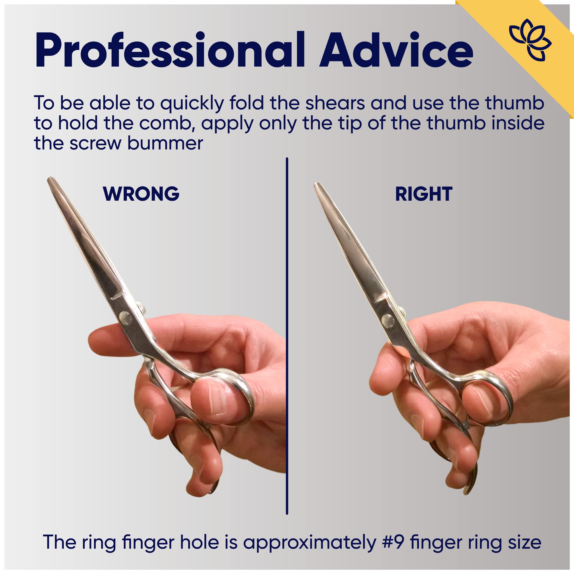 Ergonomic handle design of Equinox Barber Scissors featuring the comfortable blue removable finger inserts.