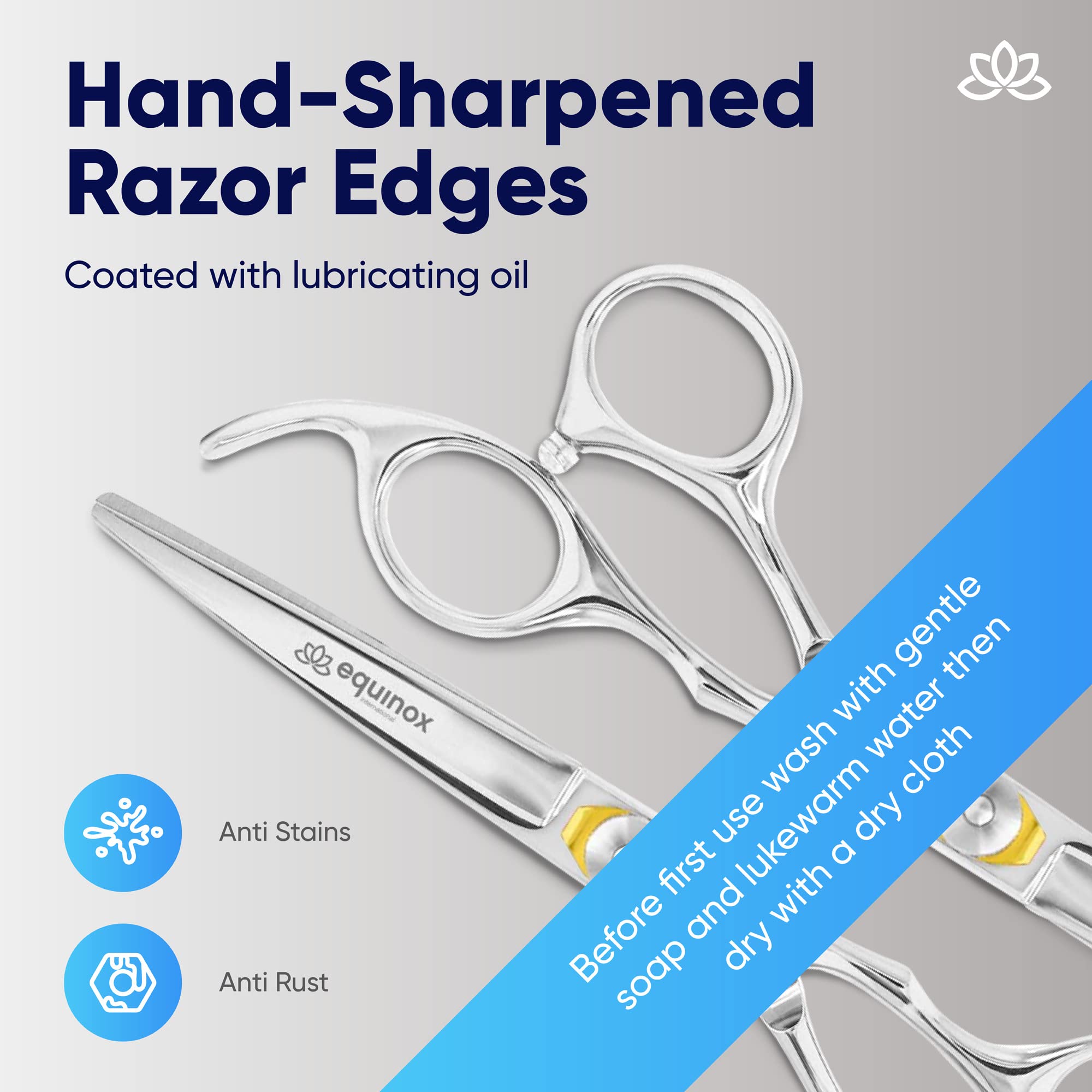 Side profile of the hand-sharpened razor edge blades on the Equinox 6.5 inch salon scissors.