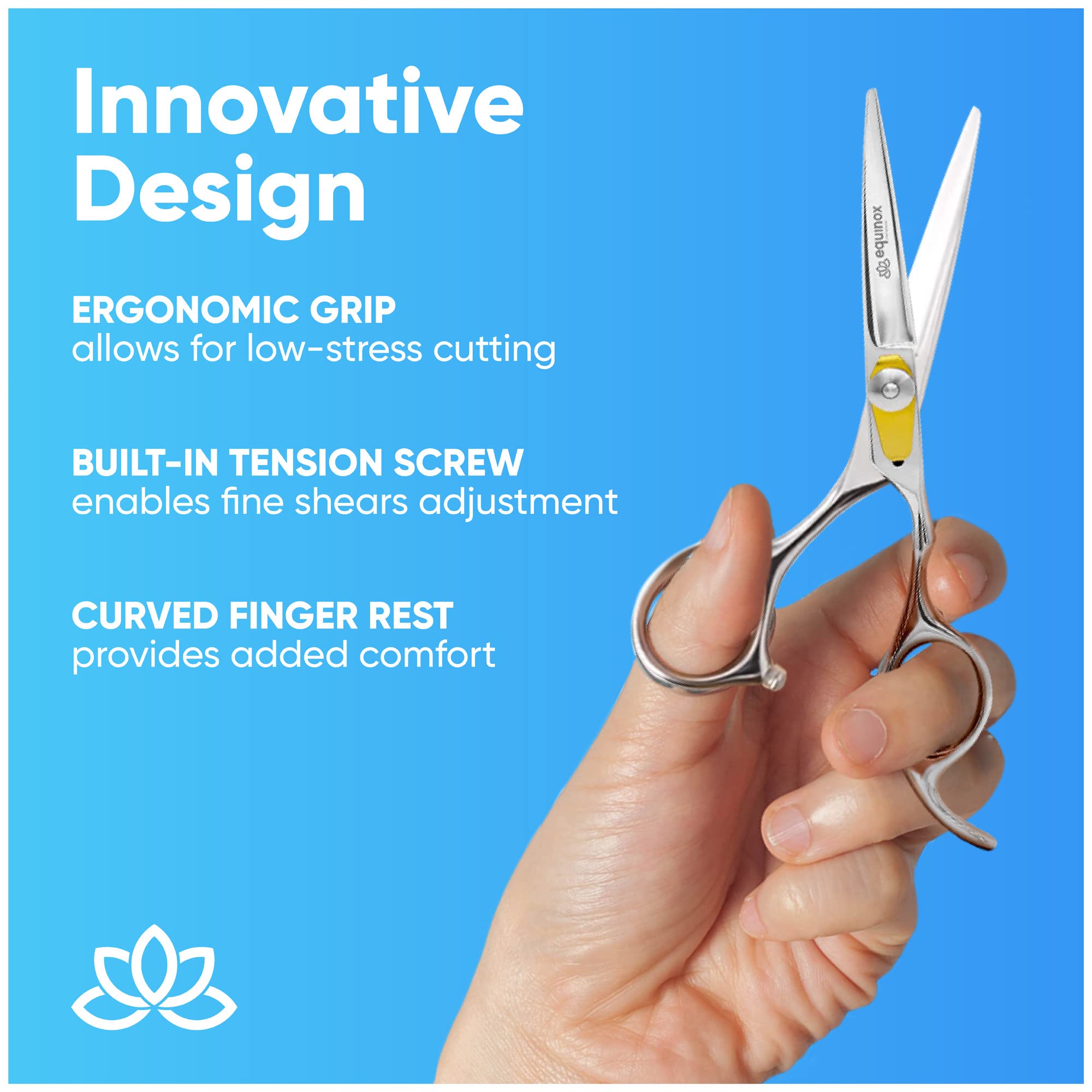 Equinox International premium hair cutting shears displayed with its complete professional packaging.