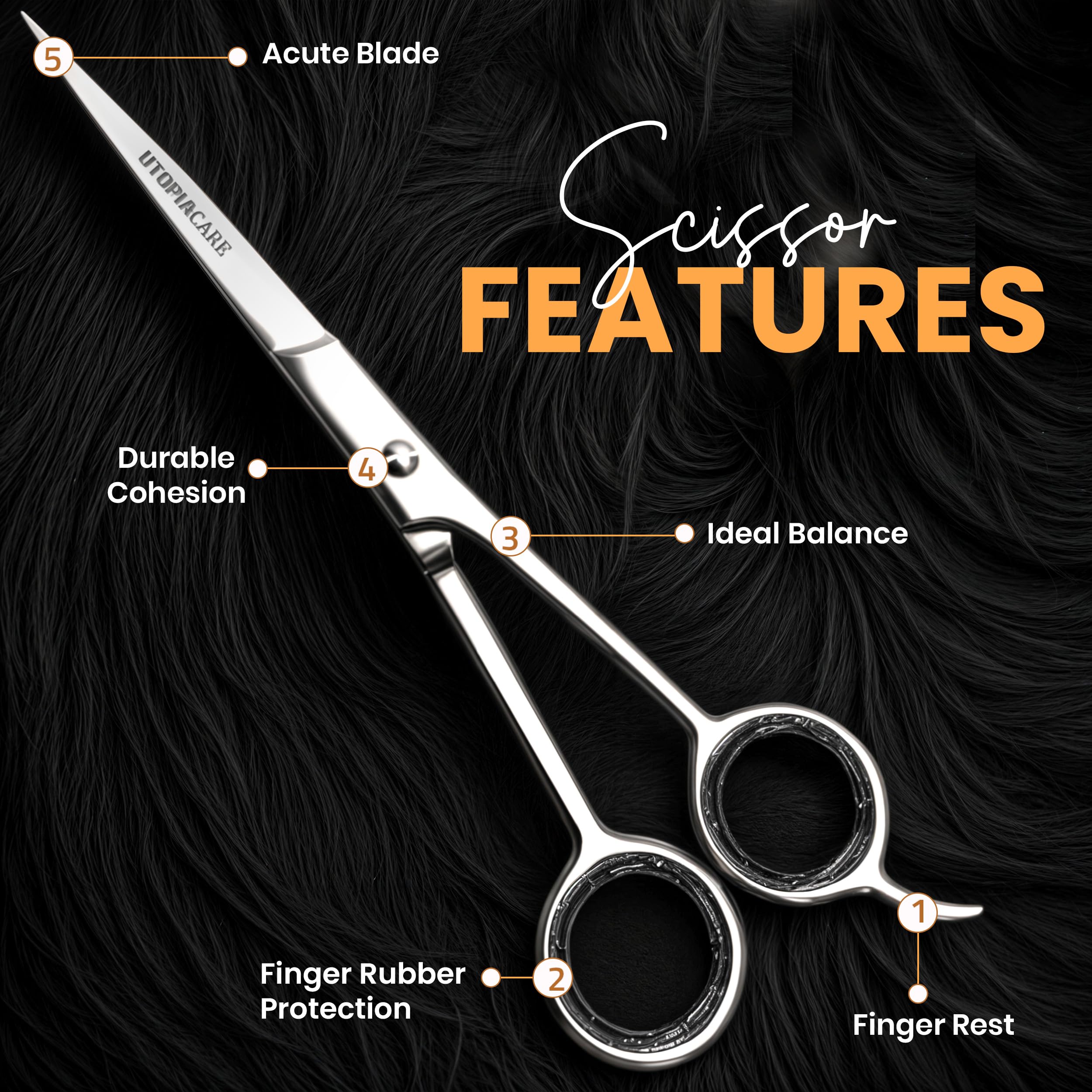 Silver stainless steel salon shears by Utopia Care with finger rest detail