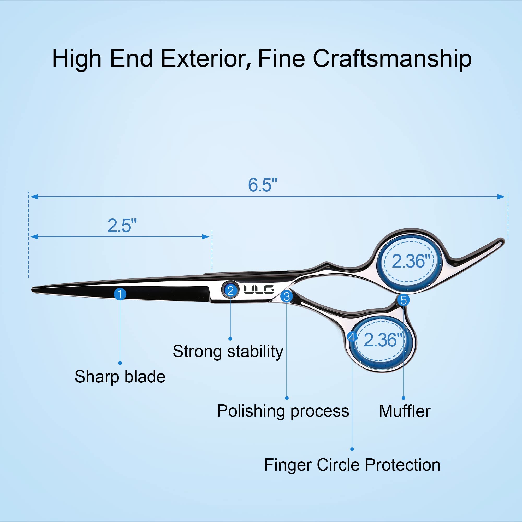 ULG 6.5 inch barber shears side view highlighting the ergonomic offset handle.