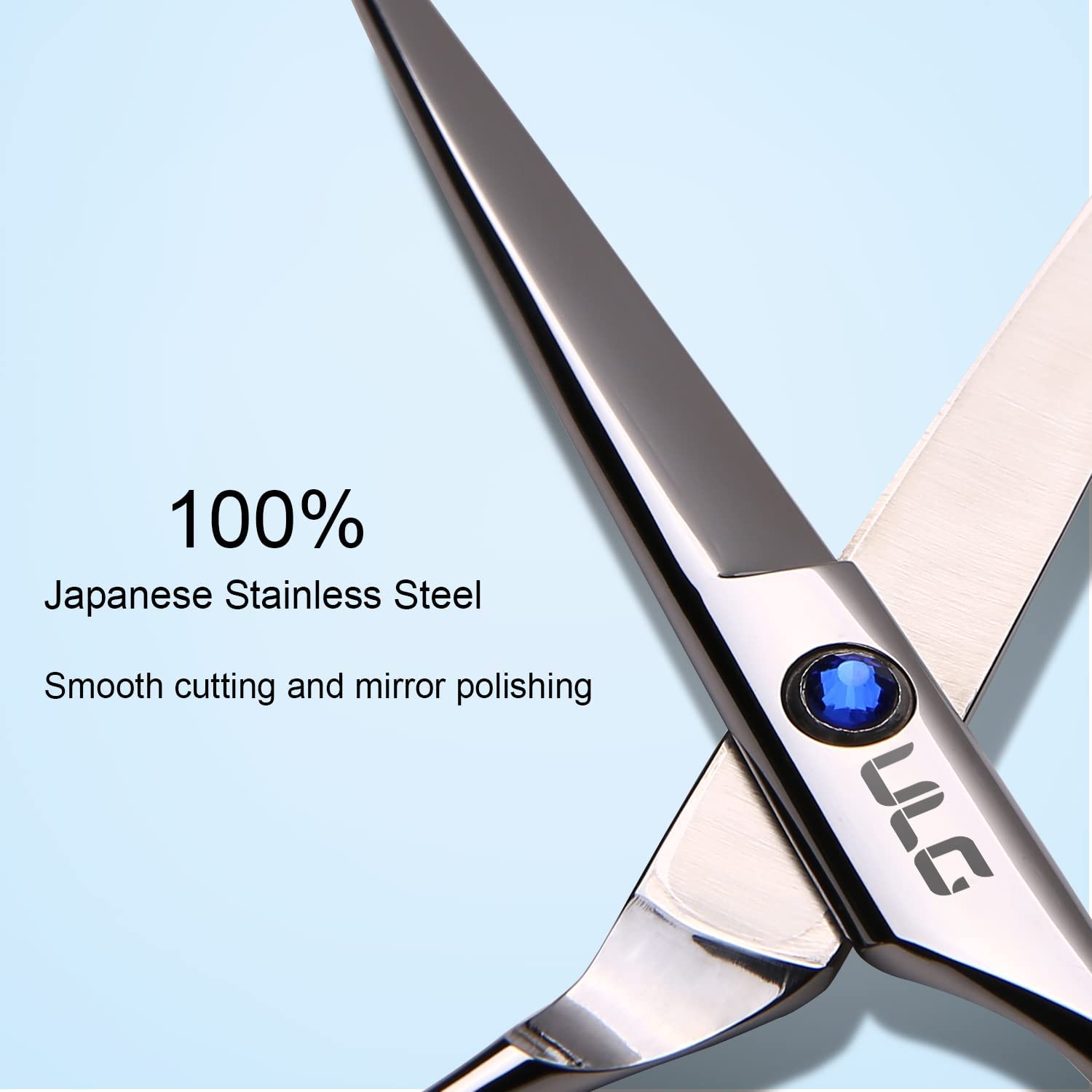 ULG Japanese stainless steel hair scissors detailing the adjustable tension screw.