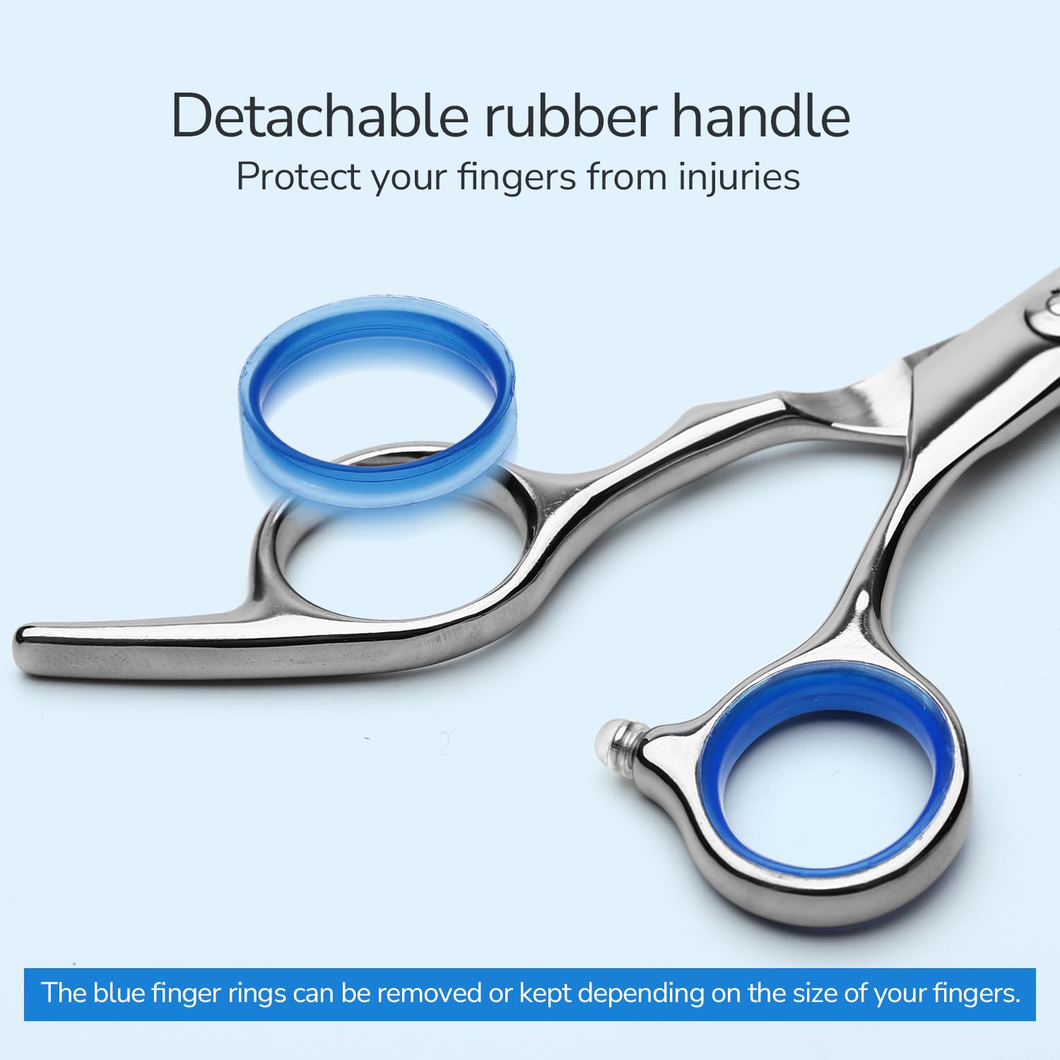 ULG right hand salon shears showing the comfortable blue rubber finger inserts.