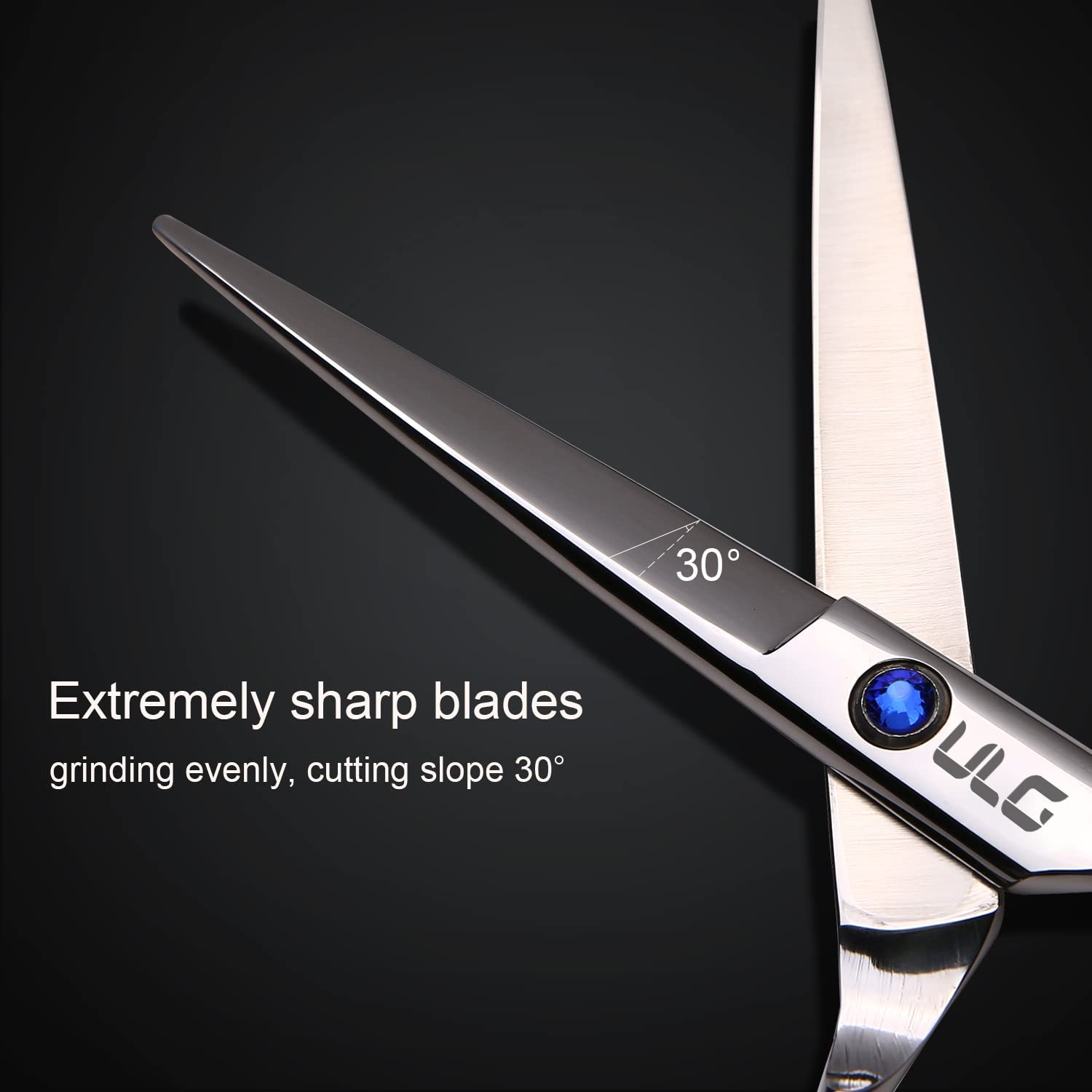 Close up view of the hand sharpened convex blade edge on ULG hair scissors.