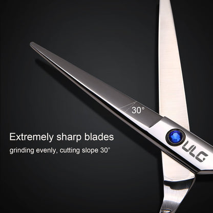 Close up view of the hand sharpened convex blade edge on ULG hair scissors.