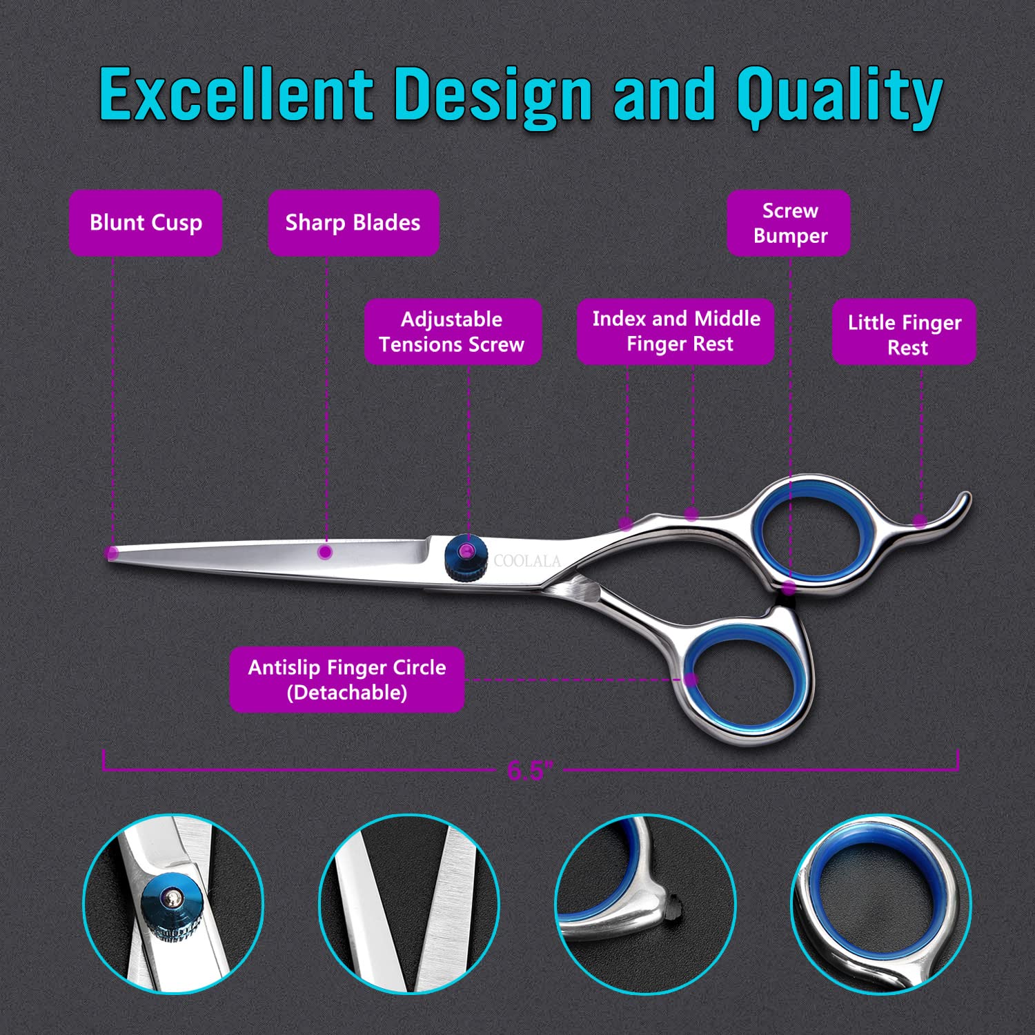 Coolala 6.5 inch barber scissors highlighting the adjustable tension screw and finger rest design.