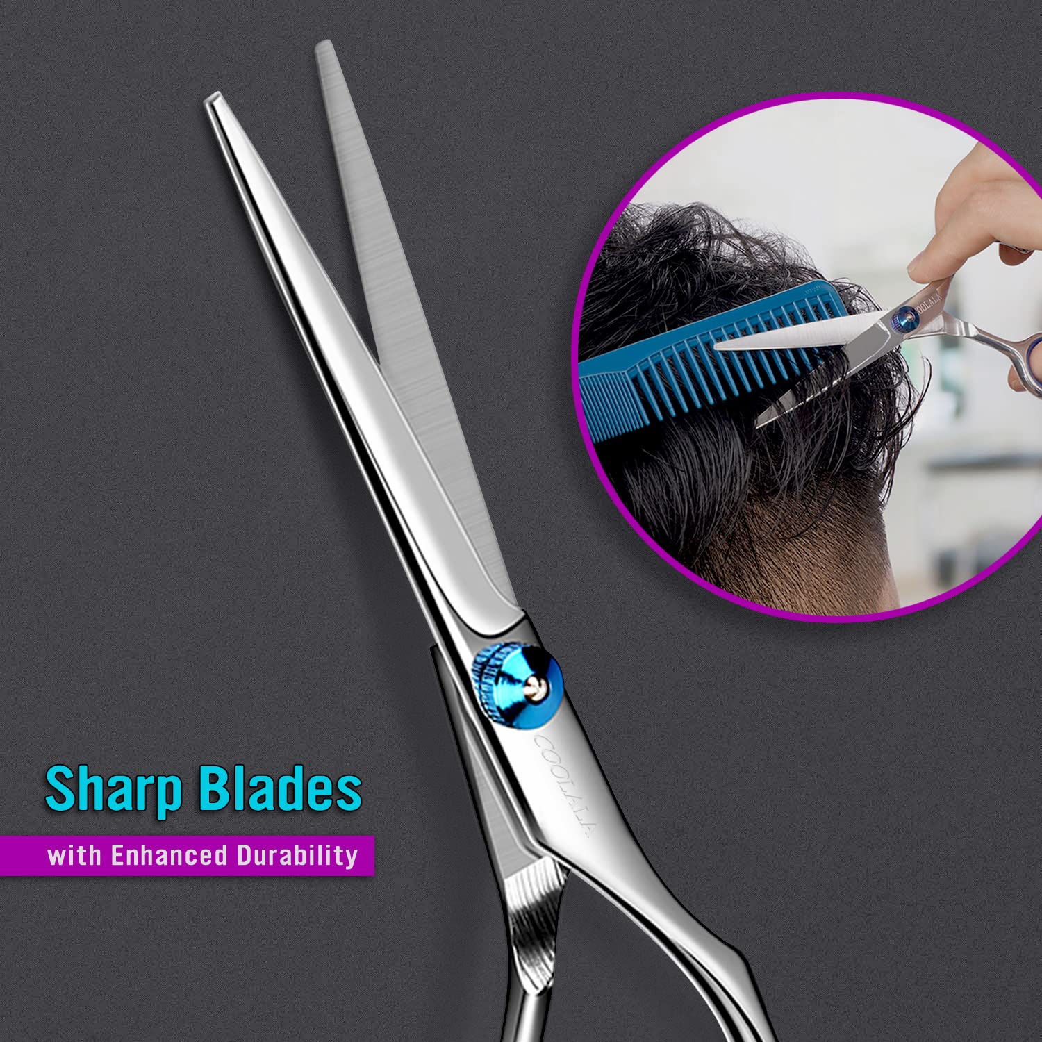 Coolala home use haircut scissors being used for a precision trim.