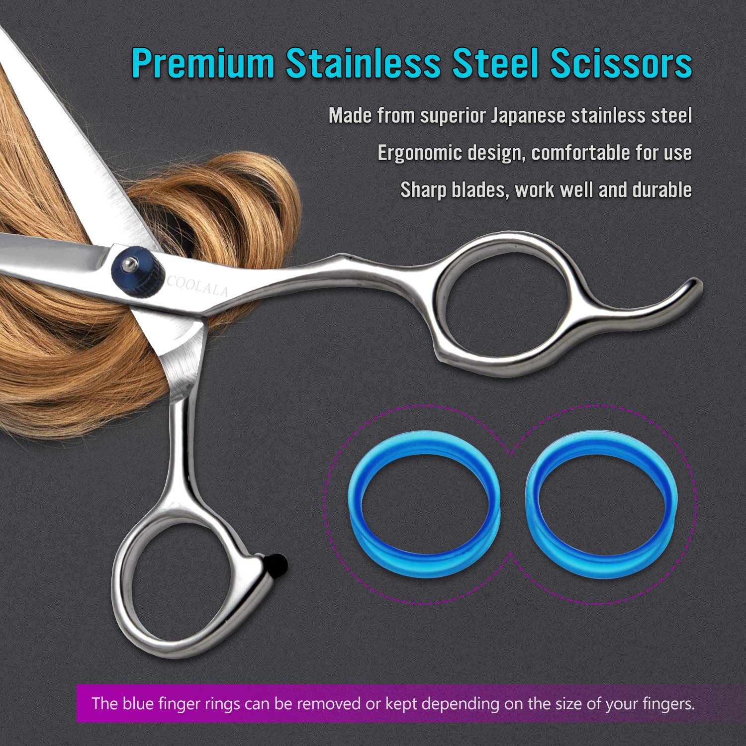 Coolala professional barber shears showing close up of ergonomic finger rings.