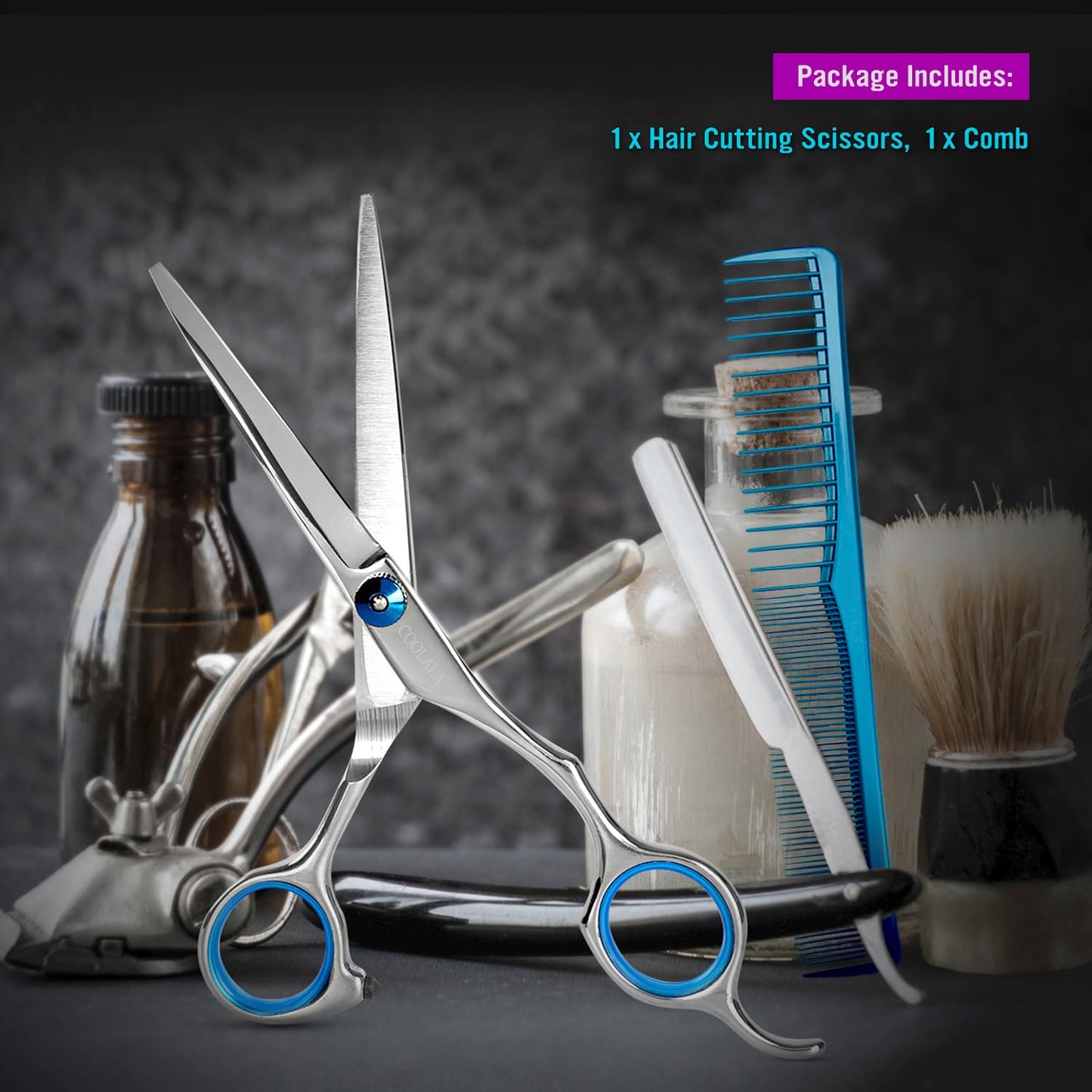 Coolala stainless steel hair scissors packaged with the included styling comb accessory.