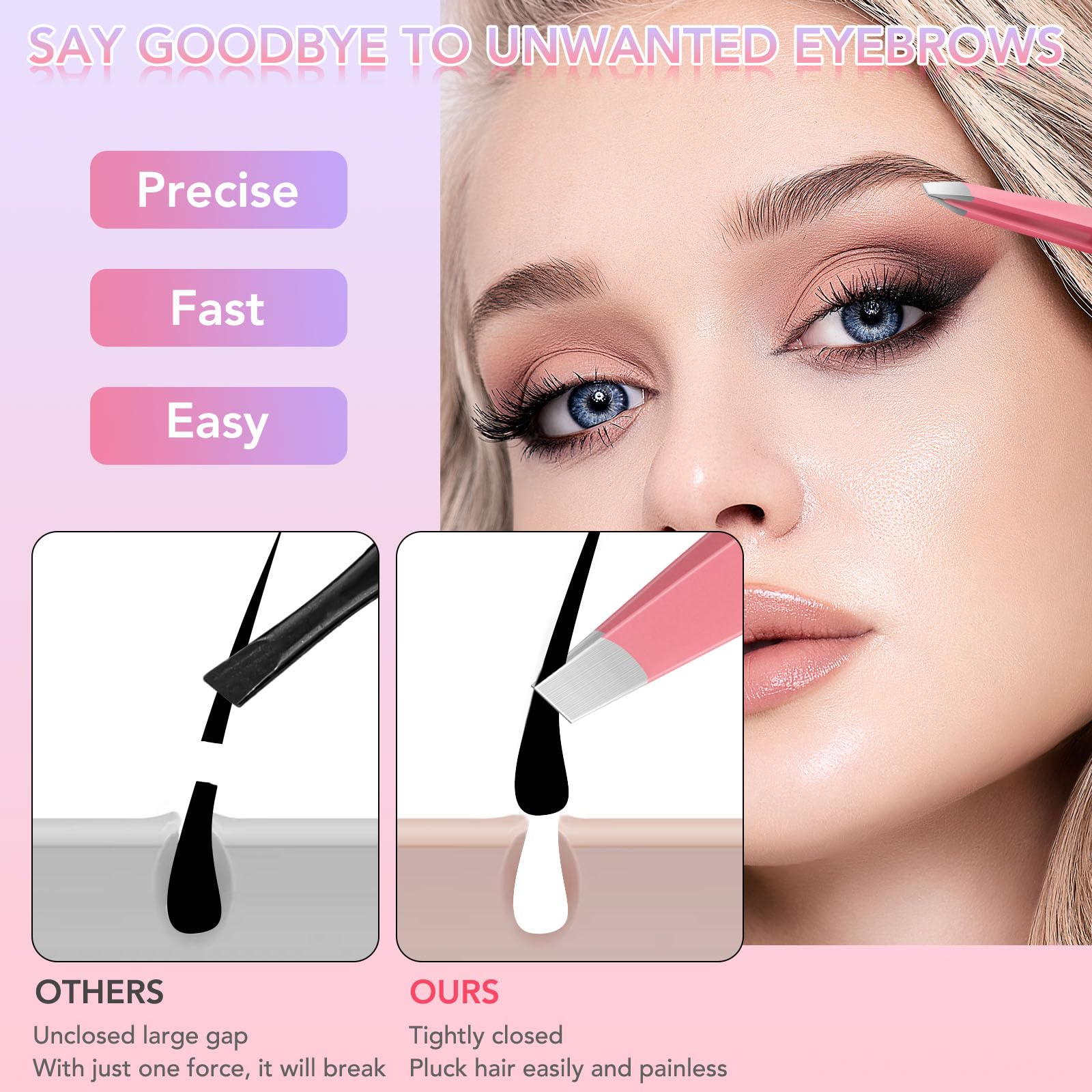 Close up of Keiby Citom precision eyebrow tweezers tips