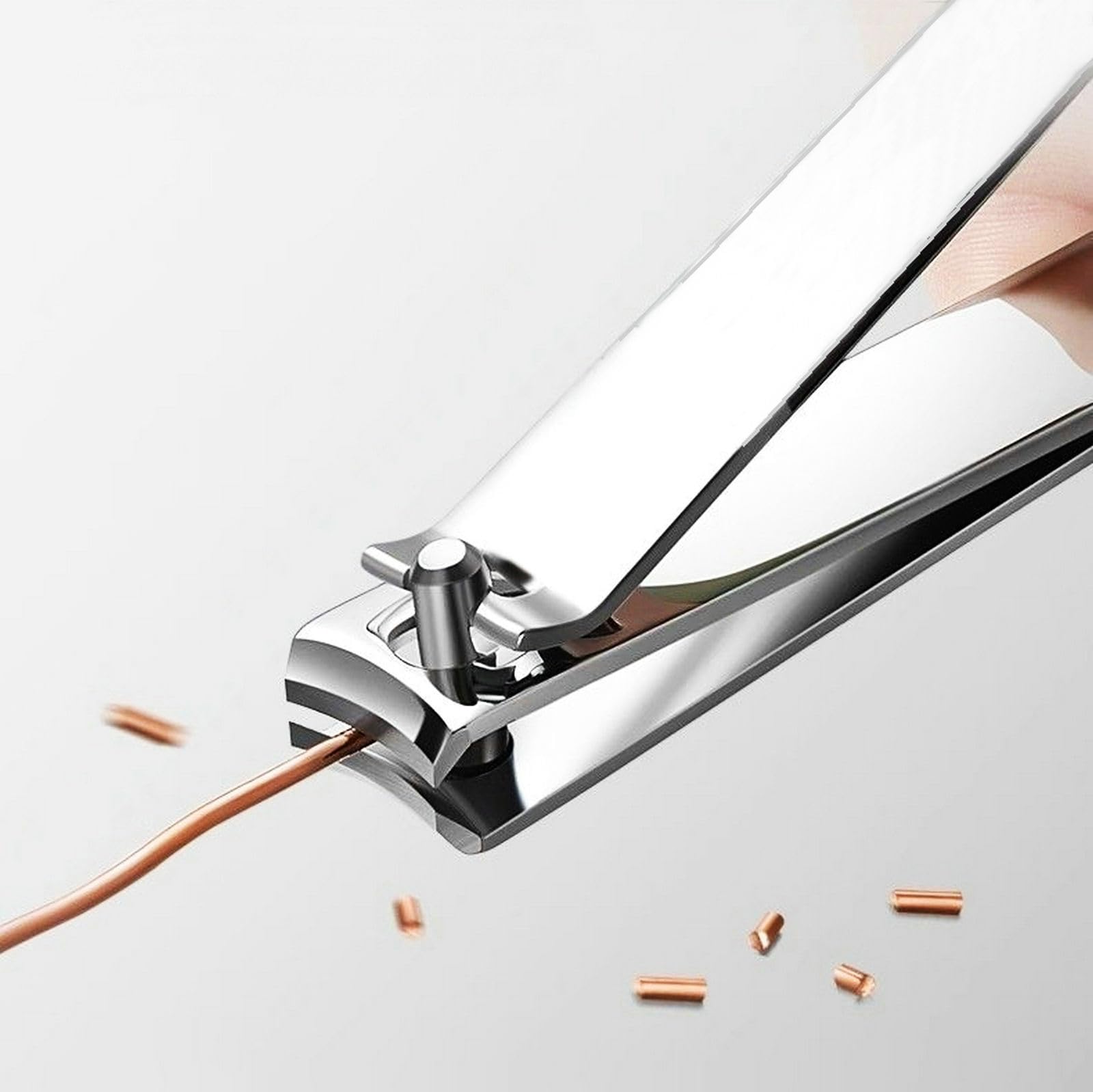 Close up view of stainless steel nail clippers in Melyfi kit