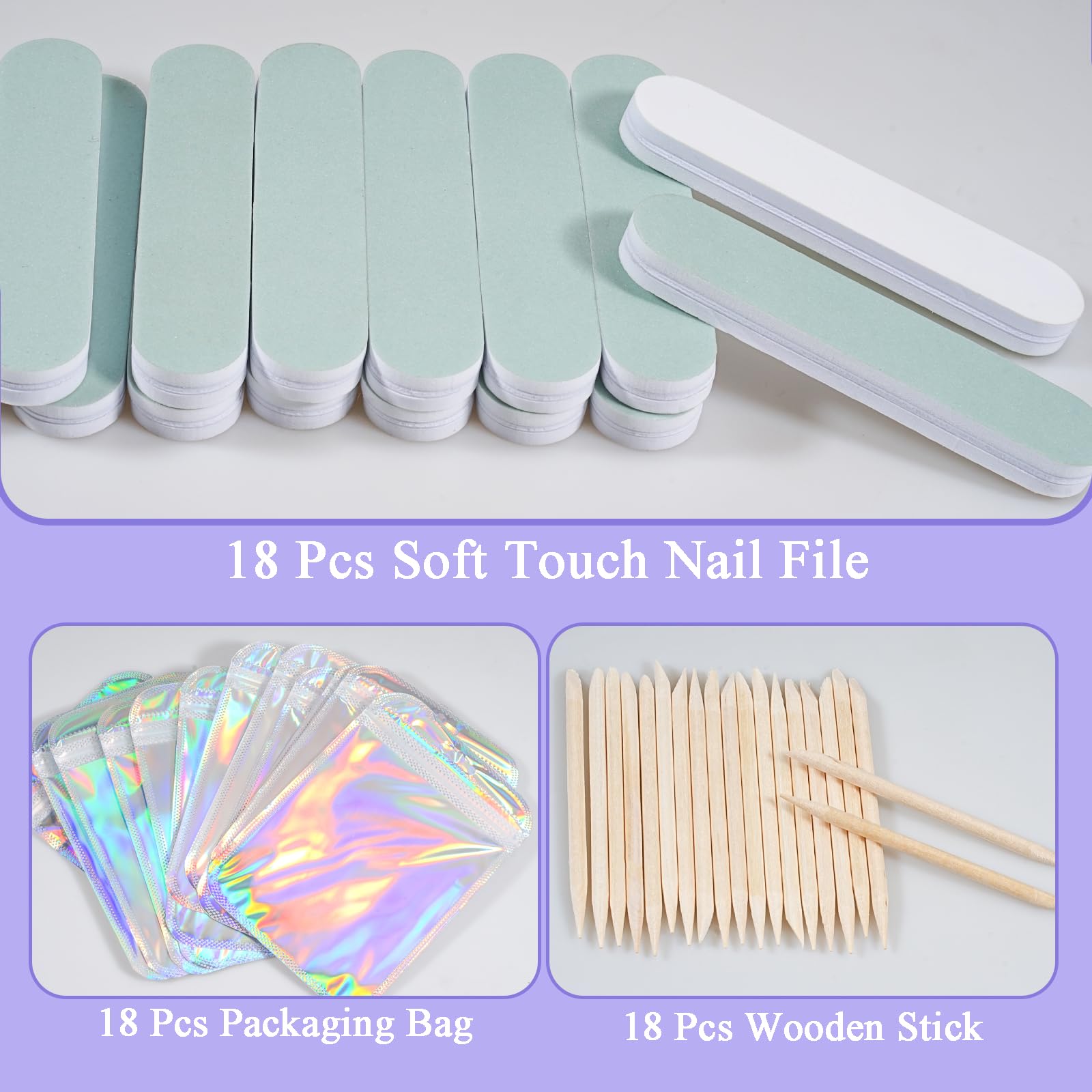 Close up of Bebbtii manicure kit components including wood sticks and brush