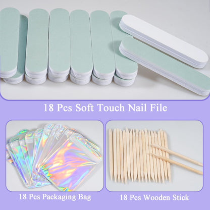 Close up of Bebbtii manicure kit components including wood sticks and brush