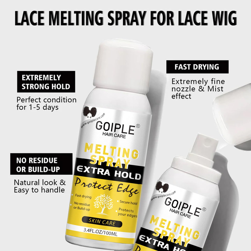Lace melting spray for closure wigs illustrating the fast drying clear formula mechanism