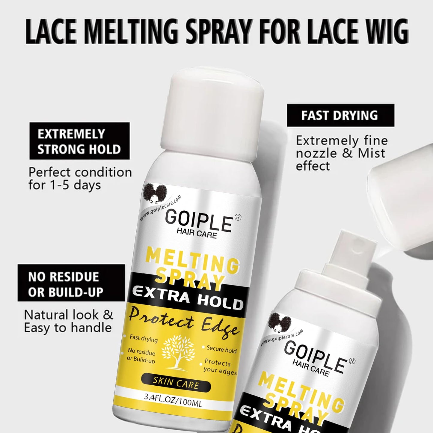 Lace melting spray for closure wigs illustrating the fast drying clear formula mechanism