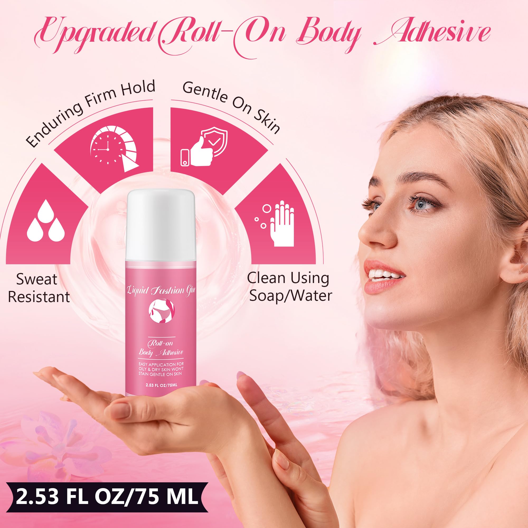 Sweat resistant fashion body glue roller being applied smoothly onto clean skin