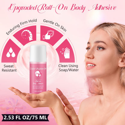 Sweat resistant fashion body glue roller being applied smoothly onto clean skin