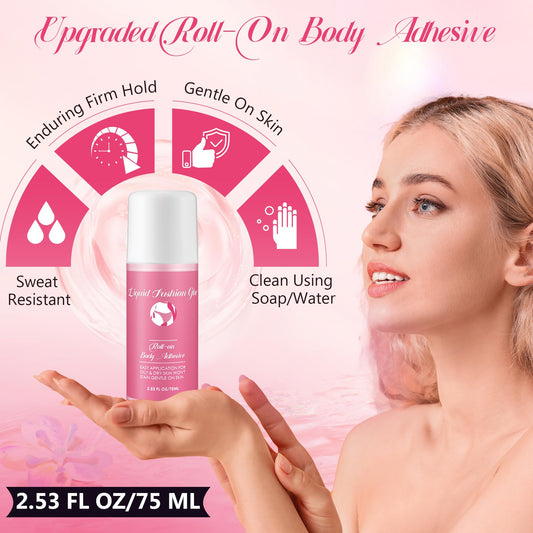 Sweat resistant fashion body glue roller being applied smoothly onto clean skin