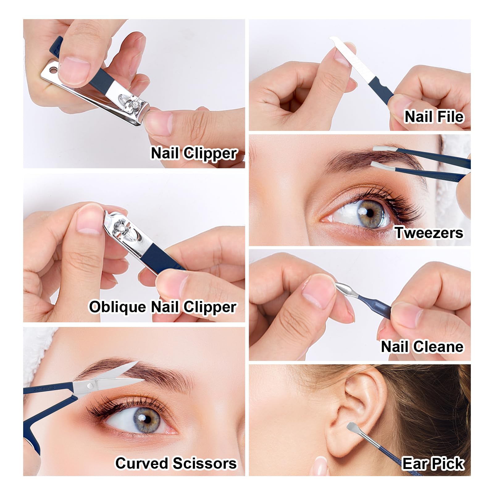 Open blue case showing 7 piece nail care kit