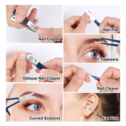 Open blue case showing 7 piece nail care kit