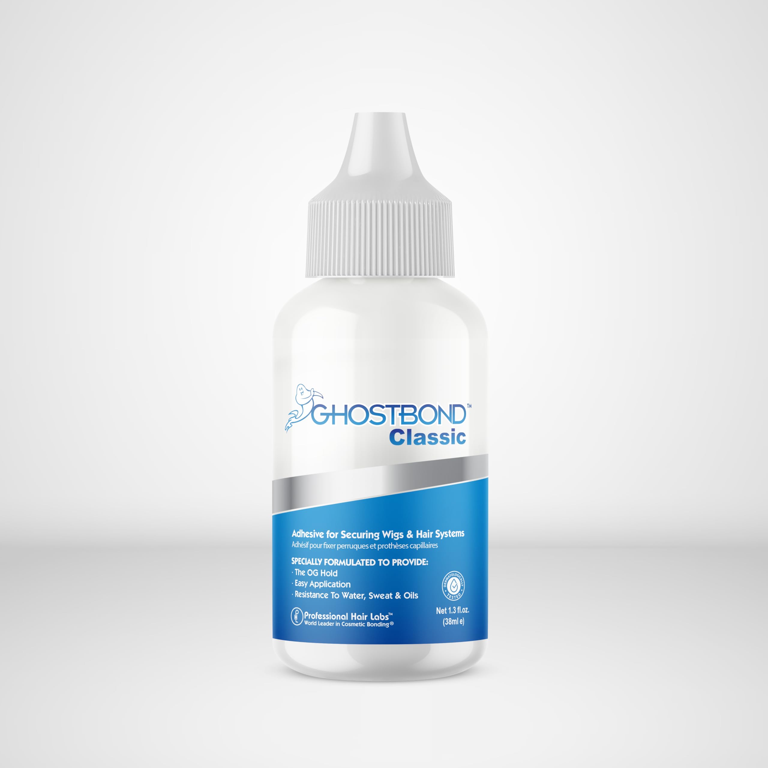 Ghostbond Classic lace wig glue bottle showcasing water resistant professional hair adhesive.
